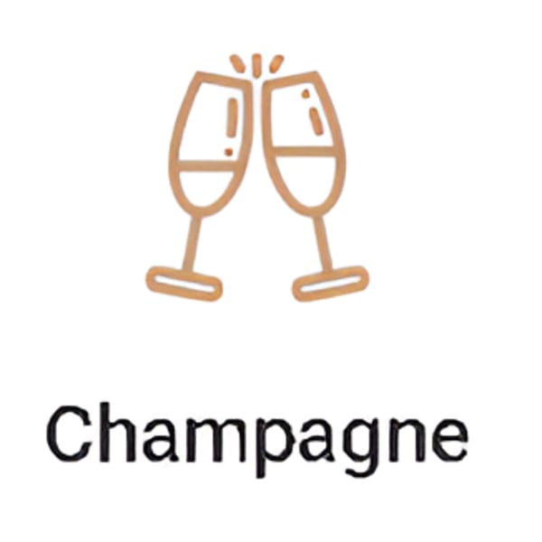 Two champagne flutes clinking together, with the word "Champagne" written below.