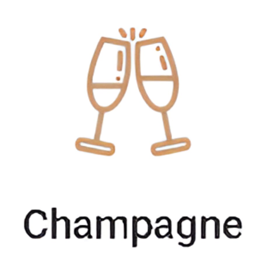 Two champagne flutes clinking together, with the word "Champagne" written below.