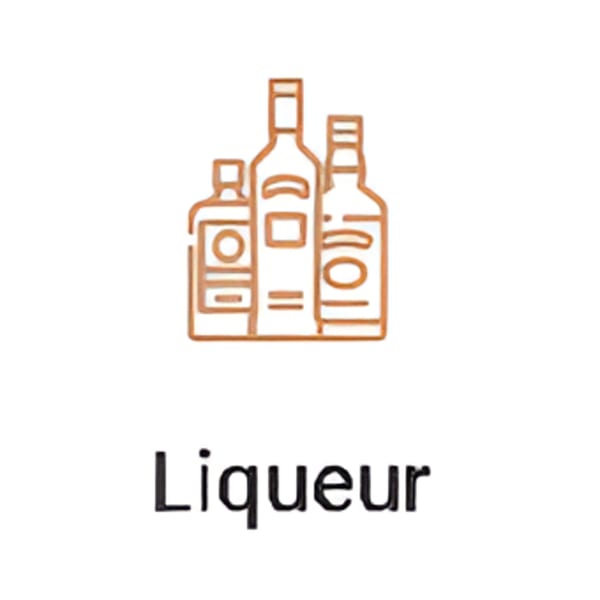 Outline illustration of three liqueur bottles in varying shapes and sizes.