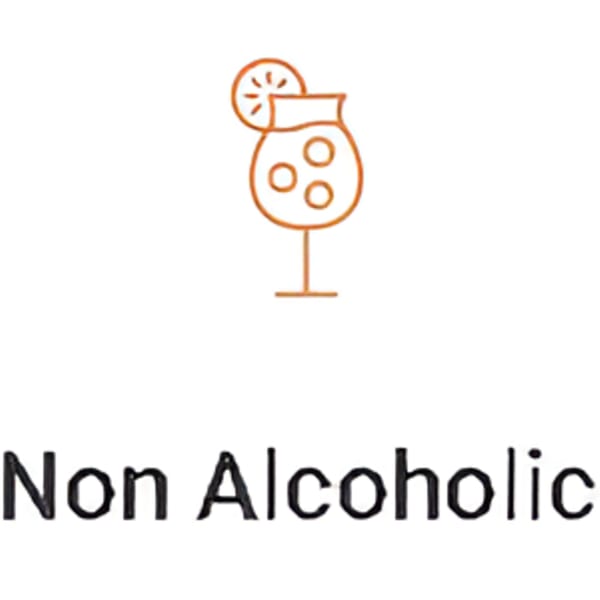 Orange line art icon of a cocktail glass with a lemon slice and bubbles, above "Non Alcoholic" text.