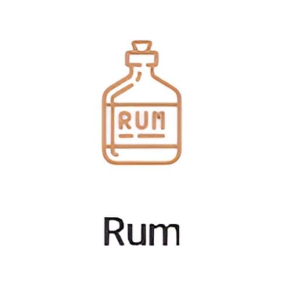 Outline drawing of a rum bottle with "RUM" on the label, and the word "Rum" below it.
