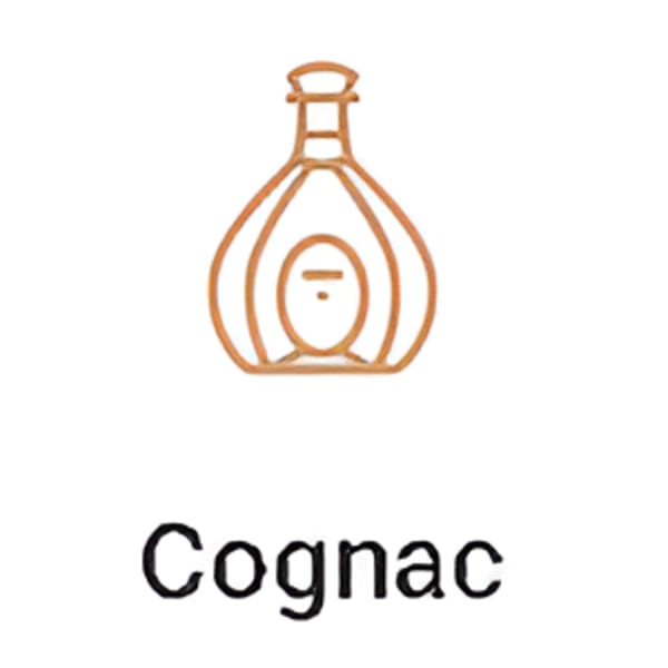 Stylized orange line drawing of a cognac bottle with the word "Cognac" below it.