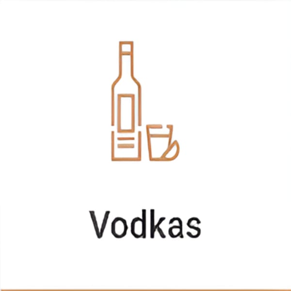 Outline icon of a vodka bottle and a shot glass, with the word "Vodkas" below.