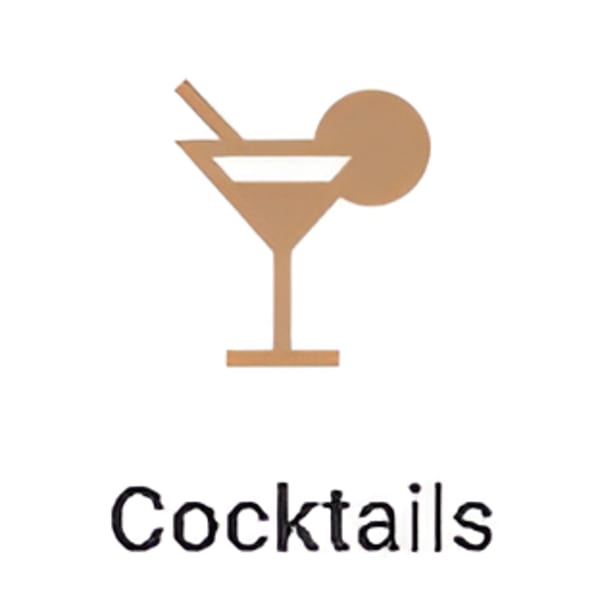 Stylized brown cocktail glass icon with a round garnish and the word "Cocktails" below it.
