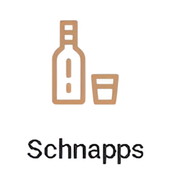 Outline icon of a schnapps bottle and a shot glass with the word "Schnapps" below.