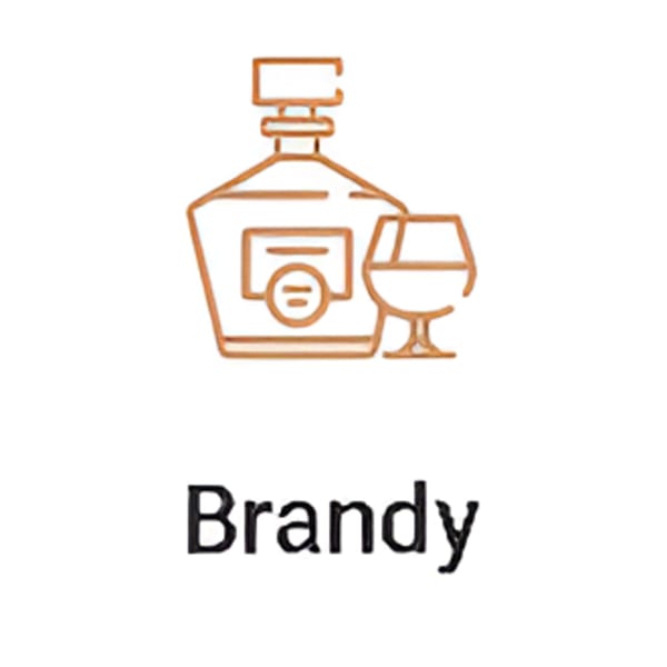Outline icon of a brandy bottle and a snifter glass, with the word "Brandy" below.