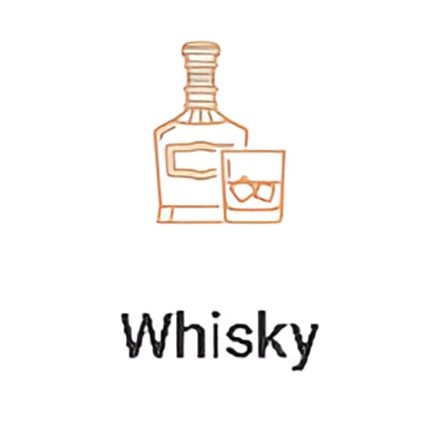 An outline drawing of a whisky bottle and a glass with ice, labeled "Whisky" below.