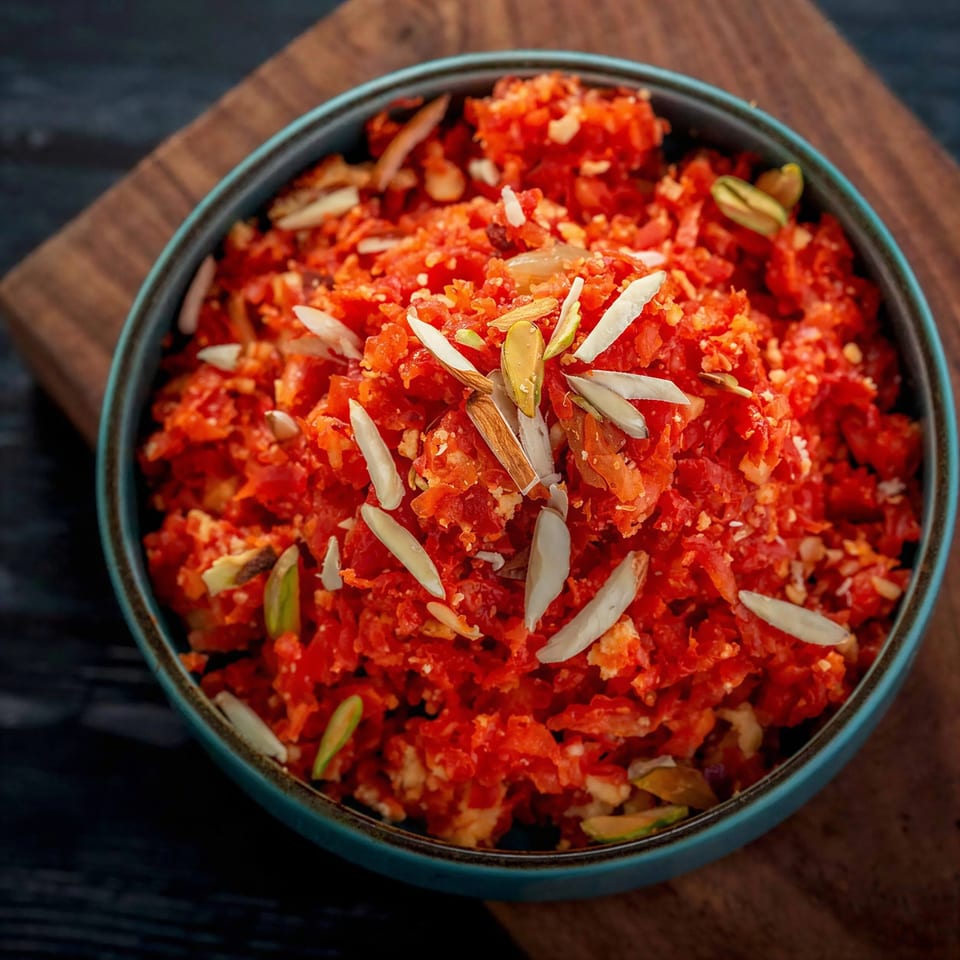 Close-up of a bowl of bright orange Gajar Halwa, garnished with slivered almonds and pistachios.