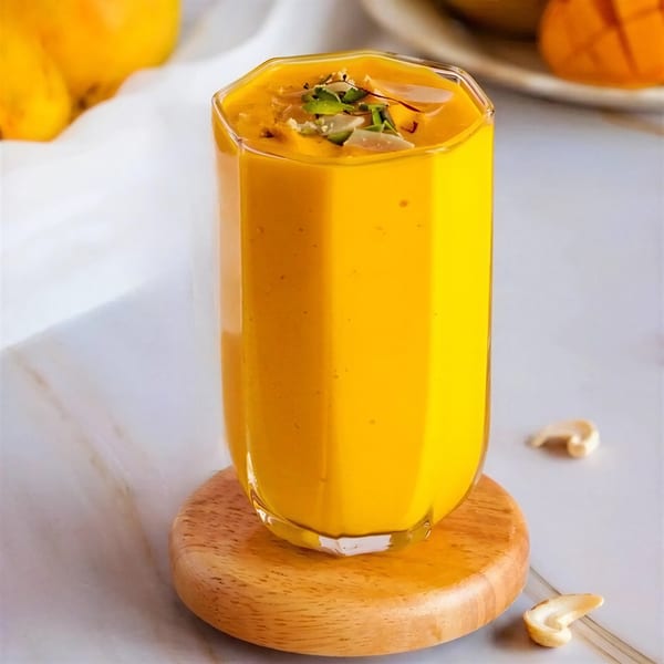 A tall glass of vibrant yellow mango lassi, garnished with nuts and herbs, on a wooden coaster.